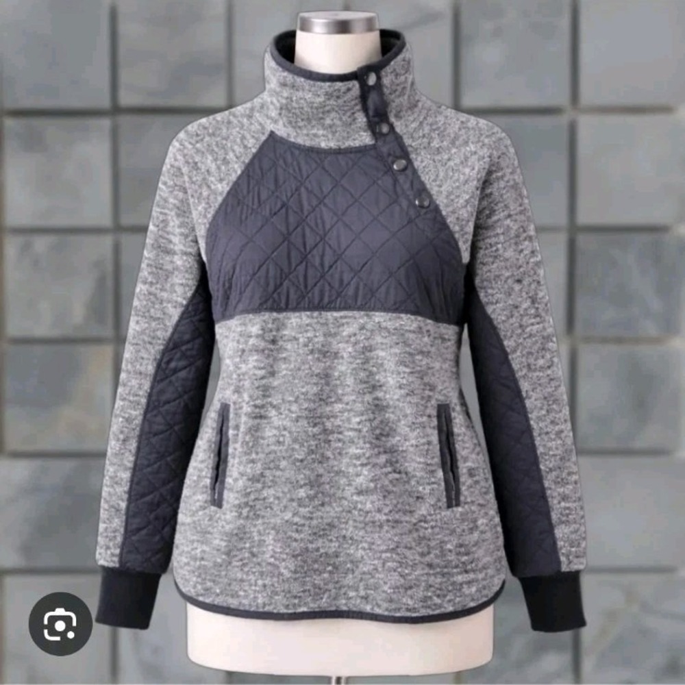 Abercrombie & Fitch Gray Navy Quilted Asymmetrical Snap Up Fleece Pullover Sz S